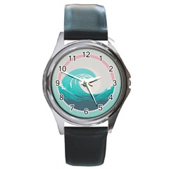 Tidal Wave Ocean Sea Tsunami Wave Minimalist Round Metal Watch by Ravend