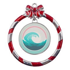 Tidal Wave Ocean Sea Tsunami Wave Minimalist Metal Red Ribbon Round Ornament by Ravend