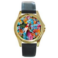 Confetti Tropical Ocean Themed Background Abstract Round Gold Metal Watch by Ravend