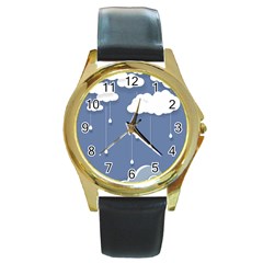 Clouds Rain Paper Raindrops Weather Sky Raining Round Gold Metal Watch by Ravend