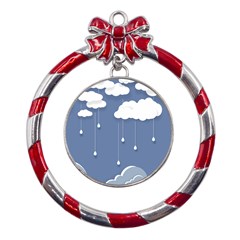 Clouds Rain Paper Raindrops Weather Sky Raining Metal Red Ribbon Round Ornament by Ravend