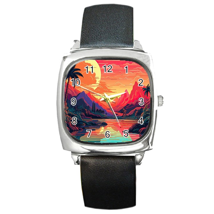 Tropical Landscape Island Background Wallpaper Square Metal Watch