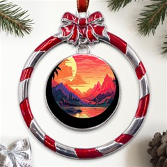 Tropical Landscape Island Background Wallpaper Metal Red Ribbon Round Ornament by Ravend