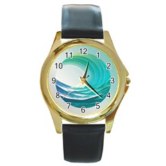 Tsunami Tidal Wave Wave Minimalist Ocean Sea Round Gold Metal Watch by Ravend