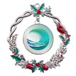 Tsunami Tidal Wave Wave Minimalist Ocean Sea Metal X mas Wreath Holly leaf Ornament Front