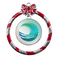 Tsunami Tidal Wave Wave Minimalist Ocean Sea Metal Red Ribbon Round Ornament by Ravend