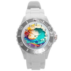 Tsunami Tidal Wave Waves Minimalist Ocean Sea Round Plastic Sport Watch (l) by Ravend