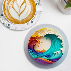 Tsunami Tidal Wave Waves Minimalist Ocean Sea Uv Print Round Tile Coaster by Ravend