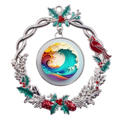 Tsunami Tidal Wave Waves Minimalist Ocean Sea Metal X mas Wreath Holly Leaf Ornament by Ravend