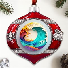 Tsunami Tidal Wave Waves Minimalist Ocean Sea Metal Snowflake And Bell Red Ornament by Ravend