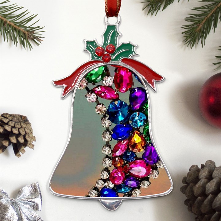 Colorful Diamonds Metal Holly Leaf Bell Ornament