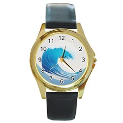 Wave Tsunami Tidal Wave Ocean Sea Water Round Gold Metal Watch by Ravend