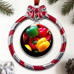 Colorful Capsicum Metal Red Ribbon Round Ornament by Sparkle