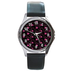 Pink Glowing Flowers Round Metal Watch by Sparkle