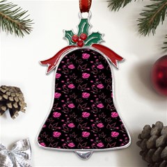 Pink Glowing Flowers Metal Holly Leaf Bell Ornament