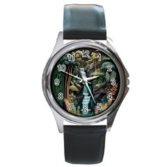 Jungle Tropical Trees Waterfall Plants Papercraft Round Metal Watch by Ravend