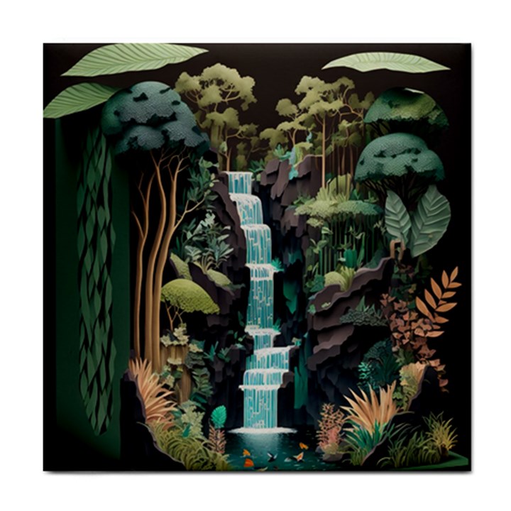 Jungle Tropical Trees Waterfall Plants Papercraft Tile Coaster