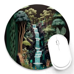 Jungle Tropical Trees Waterfall Plants Papercraft Round Mousepad by Ravend