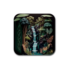 Jungle Tropical Trees Waterfall Plants Papercraft Rubber Coaster (square) by Ravend