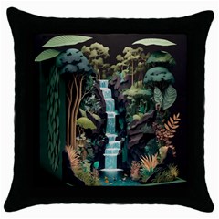 Jungle Tropical Trees Waterfall Plants Papercraft Throw Pillow Case (black) by Ravend