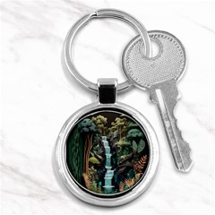 Jungle Tropical Trees Waterfall Plants Papercraft Key Chain (round) by Ravend