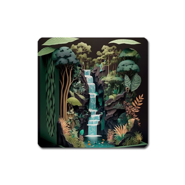 Jungle Tropical Trees Waterfall Plants Papercraft Square Magnet