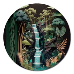 Jungle Tropical Trees Waterfall Plants Papercraft Magnet 5  (round) by Ravend