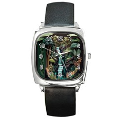 Jungle Tropical Trees Waterfall Plants Papercraft Square Metal Watch by Ravend