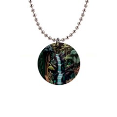 Jungle Tropical Trees Waterfall Plants Papercraft 1  Button Necklace by Ravend