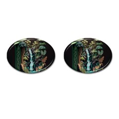 Jungle Tropical Trees Waterfall Plants Papercraft Cufflinks (oval) by Ravend