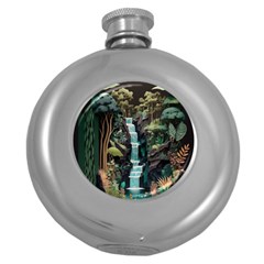 Jungle Tropical Trees Waterfall Plants Papercraft Round Hip Flask (5 Oz) by Ravend