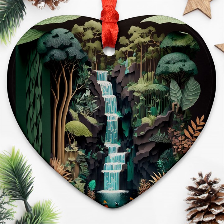 Jungle Tropical Trees Waterfall Plants Papercraft Heart Ornament (Two Sides)