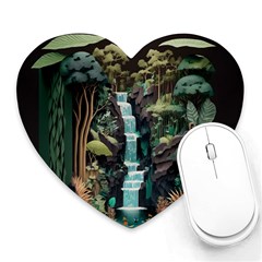 Jungle Tropical Trees Waterfall Plants Papercraft Heart Mousepad by Ravend