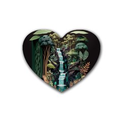 Jungle Tropical Trees Waterfall Plants Papercraft Rubber Coaster (heart) by Ravend