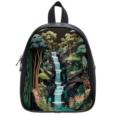 Jungle Tropical Trees Waterfall Plants Papercraft School Bag (small) by Ravend