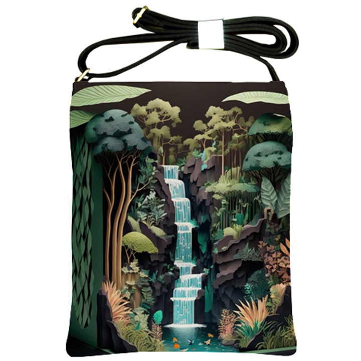 Jungle Tropical Trees Waterfall Plants Papercraft Shoulder Sling Bag