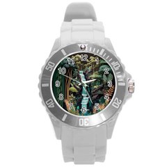 Jungle Tropical Trees Waterfall Plants Papercraft Round Plastic Sport Watch (l) by Ravend