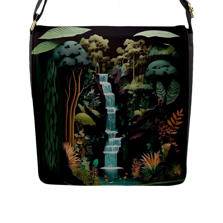 Jungle Tropical Trees Waterfall Plants Papercraft Flap Closure Messenger Bag (L)