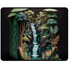 Jungle Tropical Trees Waterfall Plants Papercraft Two Sides Fleece Blanket (medium) by Ravend