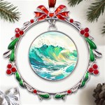 Waves Ocean Sea Tsunami Nautical Painting Metal X mas Wreath Ribbon Ornament Front