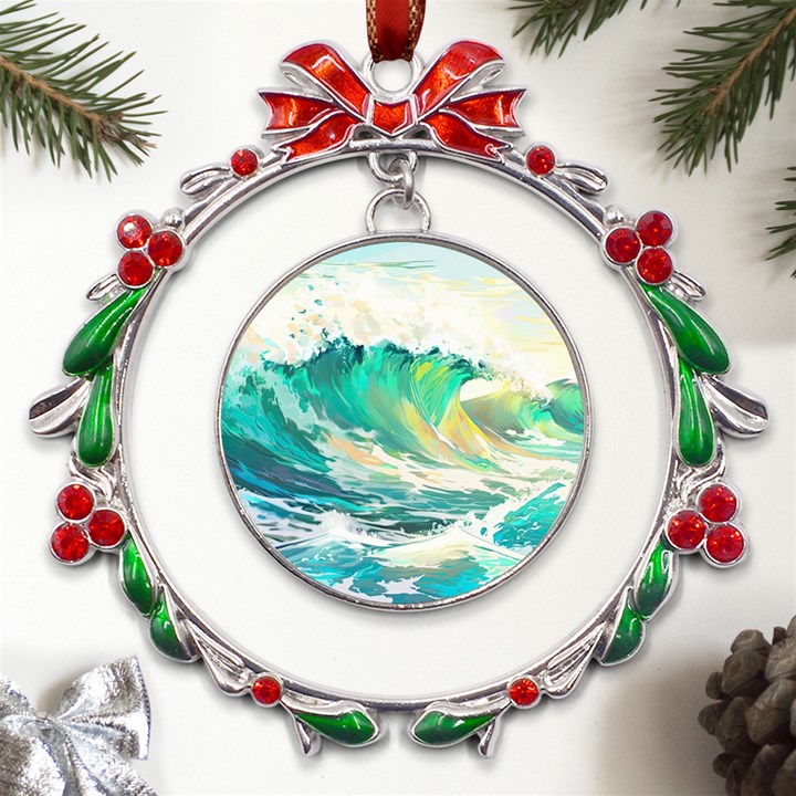 Waves Ocean Sea Tsunami Nautical Painting Metal X mas Wreath Ribbon Ornament