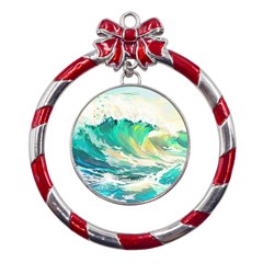 Waves Ocean Sea Tsunami Nautical Painting Metal Red Ribbon Round Ornament by Ravend