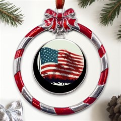 Patriotic Usa United States Flag Old Glory Metal Red Ribbon Round Ornament