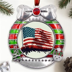 Patriotic Usa United States Flag Old Glory Metal X mas Ribbon With Red Crystal Round Ornament by Ravend