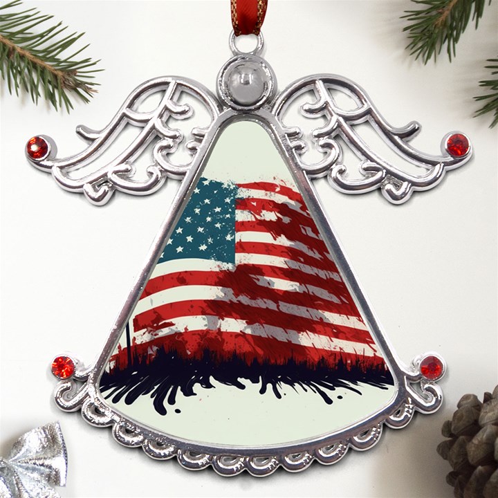 Patriotic Usa United States Flag Old Glory Metal Angel with Crystal Ornament