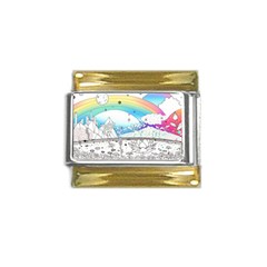 Rainbow Fun Cute Minimal Doodle Drawing Gold Trim Italian Charm (9mm) by Ravend