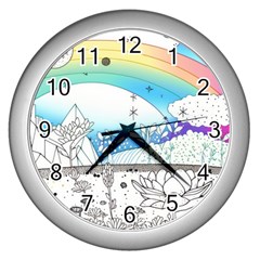 Rainbow Fun Cute Minimal Doodle Drawing Wall Clock (silver) by Ravend