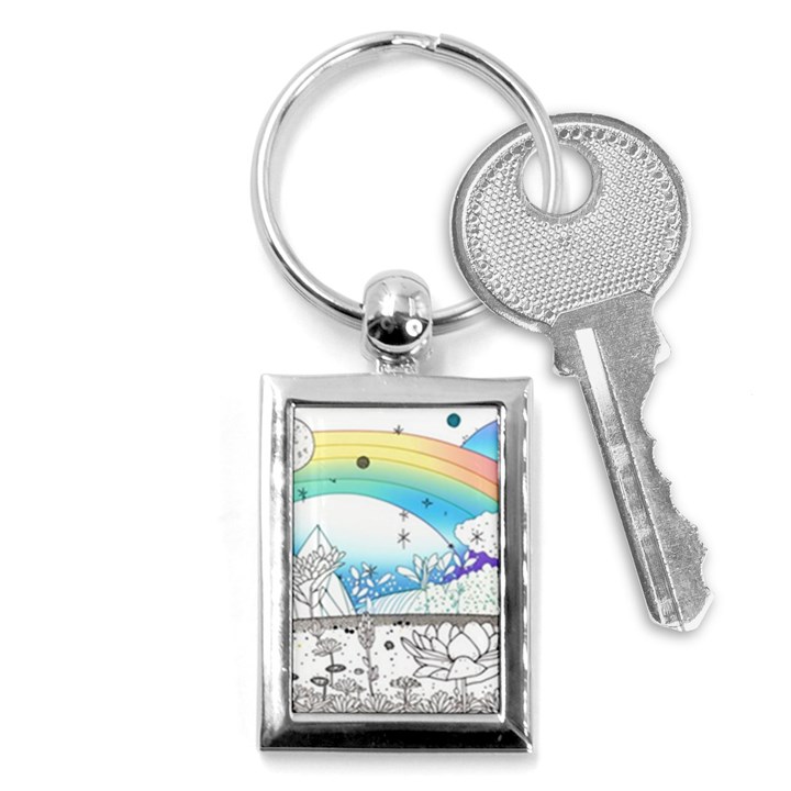 Rainbow Fun Cute Minimal Doodle Drawing Key Chain (Rectangle)