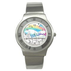 Rainbow Fun Cute Minimal Doodle Drawing Stainless Steel Watch