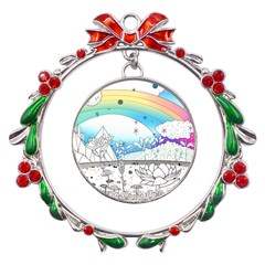 Rainbow Fun Cute Minimal Doodle Drawing Metal X mas Wreath Ribbon Ornament by Ravend